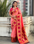 Baby Pink Soft Silk Peacock Border Motifs Zari Woven Saree