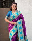 Purple Soft Silk Peacock Border Motifs Zari Woven Saree