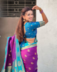 Purple Soft Silk Peacock Border Motifs Zari Woven Saree