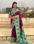 Purple Soft Silk Peacock Border Motifs Zari Woven Saree
