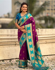 Purple Soft Silk Peacock Border Motifs Zari Woven Saree
