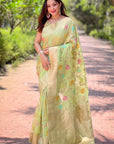 Pista Green Meenakari Floral Jaal Zari Woven Organza Saree