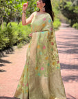 Pista Green Meenakari Floral Jaal Zari Woven Organza Saree
