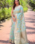 Sky Blue Meenakari Floral Jaal Zari Woven Organza Saree