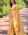 Mustard Yellow Meenakari Floral Jaal Zari Woven Organza Saree