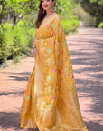 Mustard Yellow Meenakari Floral Jaal Zari Woven Organza Saree