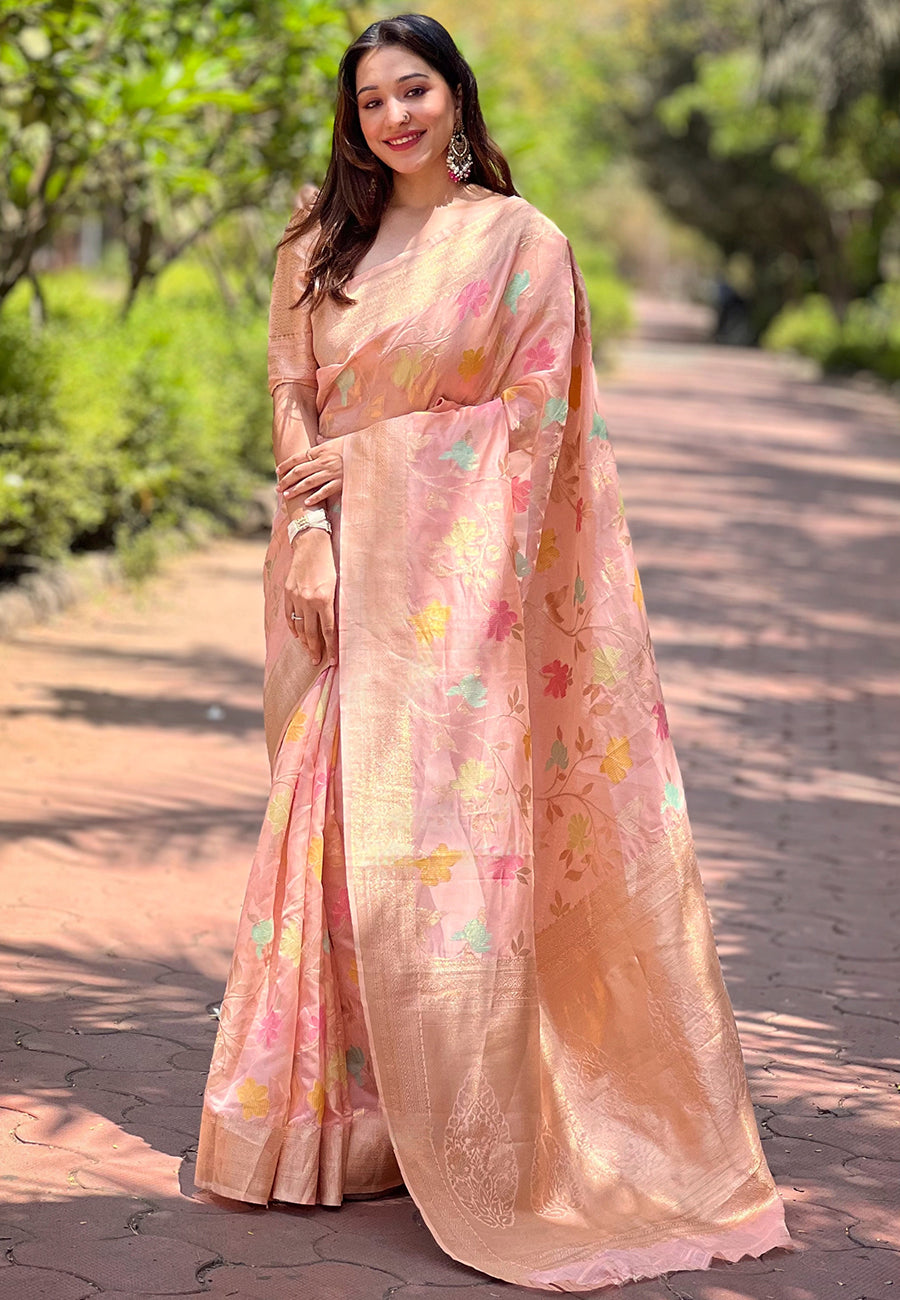 Baby Pink Meenakari Floral Jaal Zari Woven Organza Saree