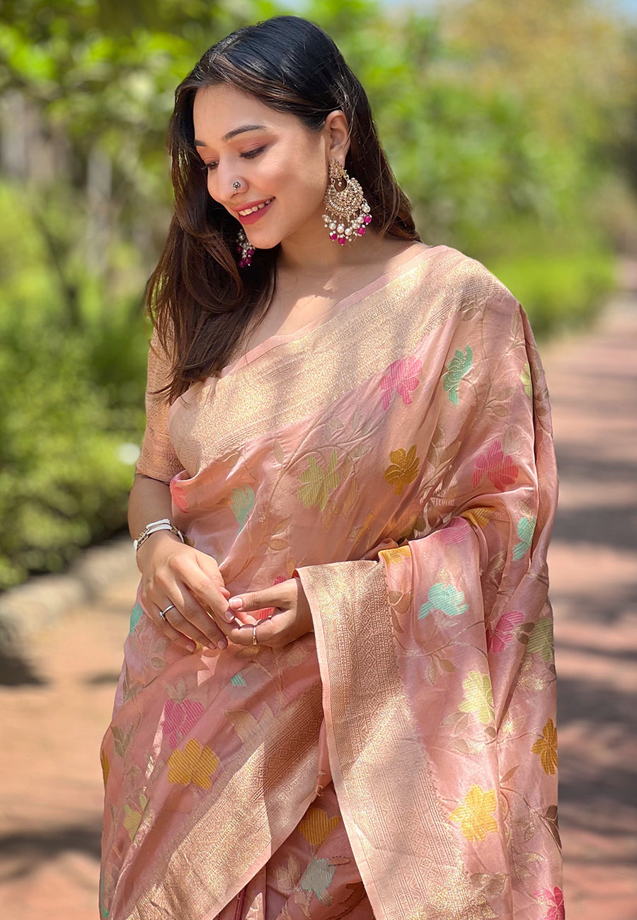 Baby Pink Meenakari Floral Jaal Zari Woven Organza Saree