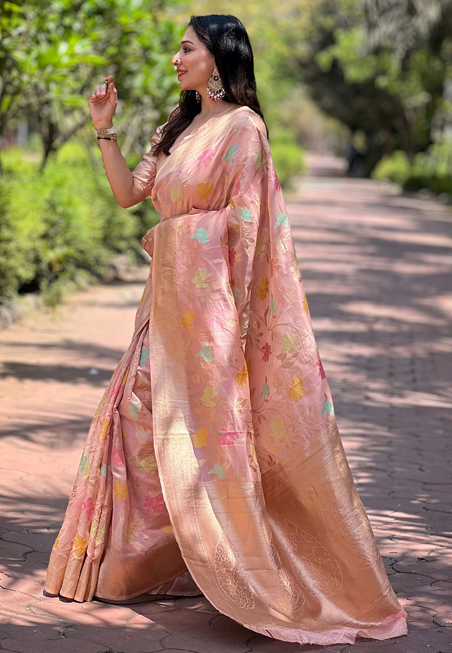 Baby Pink Meenakari Floral Jaal Zari Woven Organza Saree