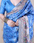 Royal Blue Tussar Silk Madhubani Fusion Floral Printed Saree with Zari Woven Border