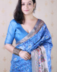 Royal Blue Tussar Silk Madhubani Fusion Floral Printed Saree with Zari Woven Border