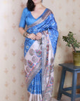 Royal Blue Tussar Silk Madhubani Fusion Floral Printed Saree with Zari Woven Border