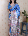 Royal Blue Tussar Silk Madhubani Fusion Floral Printed Saree with Zari Woven Border