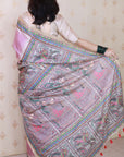 Dusty Pink Tussar Silk Madhubani Printed Saree with Zari Woven Border