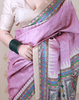 Dusty Pink Tussar Silk Madhubani Printed Saree with Zari Woven Border