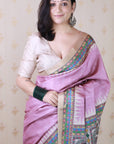 Dusty Pink Tussar Silk Madhubani Printed Saree with Zari Woven Border