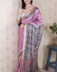 Dusty Pink Tussar Silk Madhubani Printed Saree with Zari Woven Border