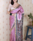 Dusty Pink Tussar Silk Madhubani Printed Saree with Zari Woven Border
