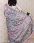 Seafoam Green Tussar Silk Madhubani Printed Saree with Zari Woven Border