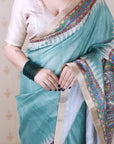 Seafoam Green Tussar Silk Madhubani Printed Saree with Zari Woven Border