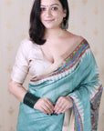 Seafoam Green Tussar Silk Madhubani Printed Saree with Zari Woven Border