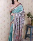 Seafoam Green Tussar Silk Madhubani Printed Saree with Zari Woven Border