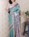 Seafoam Green Tussar Silk Madhubani Printed Saree with Zari Woven Border