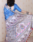 Royal Blue Tussar Silk Madhubani Fusion Floral Printed Saree with Zari Woven Border