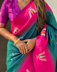 Peacock Blue Soft Silk with Zari Woven Tilak Contrast South Saree
