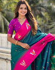 Peacock Blue Soft Silk with Zari Woven Tilak Contrast South Saree