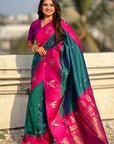 Peacock Blue Soft Silk with Zari Woven Tilak Contrast South Saree