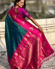 Peacock Blue Soft Silk with Zari Woven Tilak Contrast South Saree