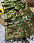 Mehendi Green Premium Soft Muga Cotton Swan Pattern Saree