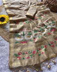 Chickoo Premium Soft Muga Cotton Swan Pattern Saree