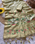 Pista Green Premium Soft Muga Cotton Swan Pattern Saree