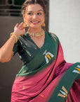 Coral Pink Soft Silk with Zari Woven Tilak Contrast South Saree