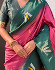 Coral Pink Soft Silk with Zari Woven Tilak Contrast South Saree