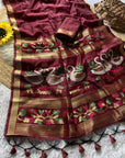 Maroon Premium Soft Muga Cotton Swan Pattern Saree