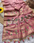 Pink Premium Soft Muga Cotton Swan Pattern Saree