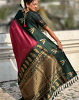 Coral Pink Soft Silk with Zari Woven Tilak Contrast South Saree