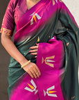 Bottle Green Soft Silk with Zari Woven Tilak Contrast South Saree