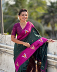 Bottle Green Soft Silk with Zari Woven Tilak Contrast South Saree