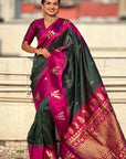 Bottle Green Soft Silk with Zari Woven Tilak Contrast South Saree