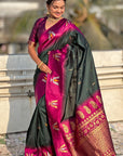 Bottle Green Soft Silk with Zari Woven Tilak Contrast South Saree