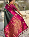 Bottle Green Soft Silk with Zari Woven Tilak Contrast South Saree