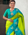 Parrot Green Soft Silk with Zari Woven Tilak Contrast South Saree