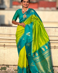 Parrot Green Soft Silk with Zari Woven Tilak Contrast South Saree