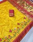 Yellow Soft Paithani Silk Zari Woven Saree with Meenakari Lotus Pattern Saree