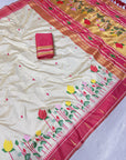 Cream Soft Paithani Silk Zari Woven Saree with Meenakari Lotus Pattern Saree