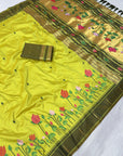 Mehendi Green Soft Paithani Silk Zari Woven Saree with Meenakari Lotus Pattern Saree